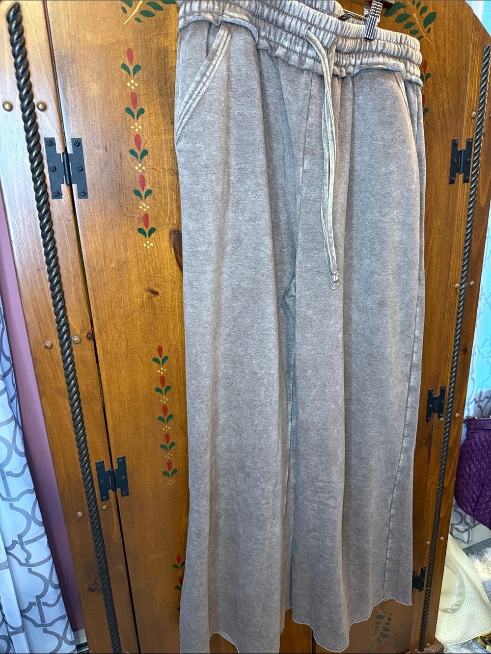 Zenana Outfitters Wide Leg Drawstring fleece wide leg casual pants NEW BROWN 1X - Picture 7 of 8